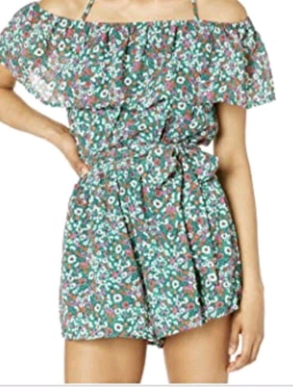 Floral Green One-Shoulder Summer Dress with Ruffle